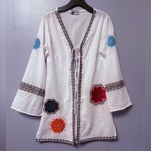 #1) Nap Lady Mud Pie White Kimono with Colorful Embroidery